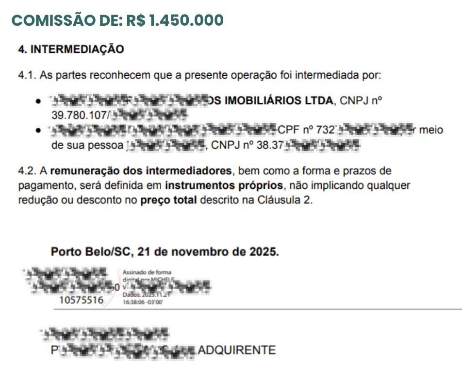 Comissão de R$1.450.000 — Cláusula 4 Intermediação